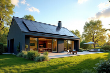 Obraz premium Modern Solar Powered House, Eco Friendly Sustainable Architecture, Clean Energy Living