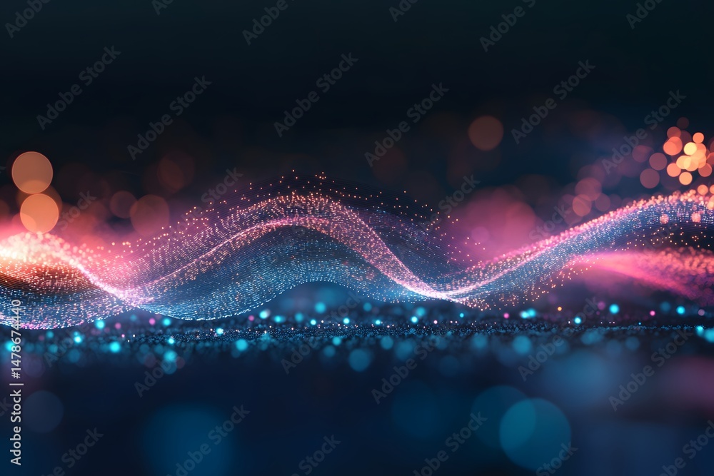 Poster abstract digital wave made of particles with bokeh and color effects in dark space