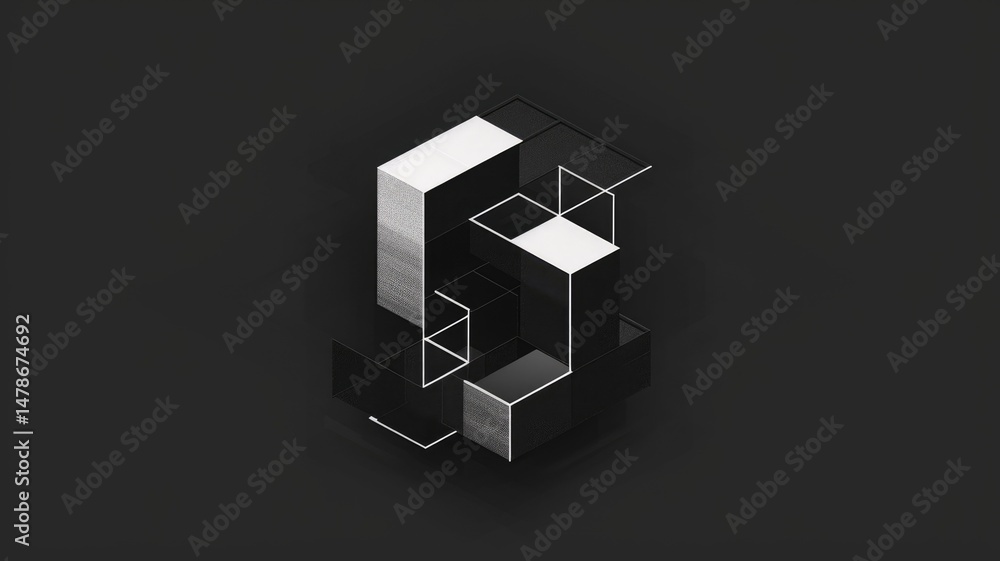 Poster 3d metallic geometric shape on a dark background. digital artwork of 3d rendering cube with various 