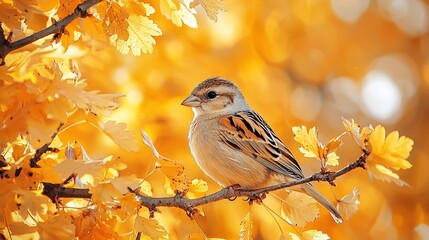 Sparrow perched on autumn branch