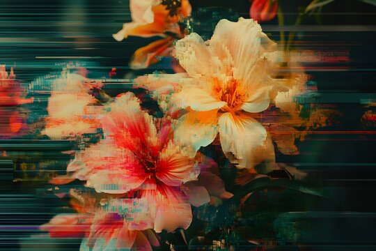 Abstract floral artistry featuring blossoms in an artistic pixelated digital composition