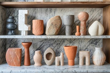 Terracotta and Neutral Vases on Marble Shelves Textured Home Decor Display Arrangement Various Shapes Colors Art and Stylish Composition