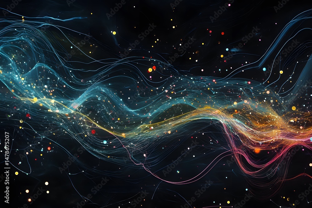 Poster abstract flowing lines of light and particles with a dark and mysterious background