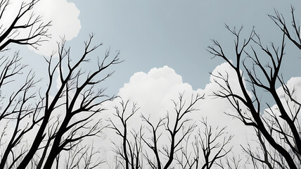 Dead trees in the sky with white clouds. 3D illustration.