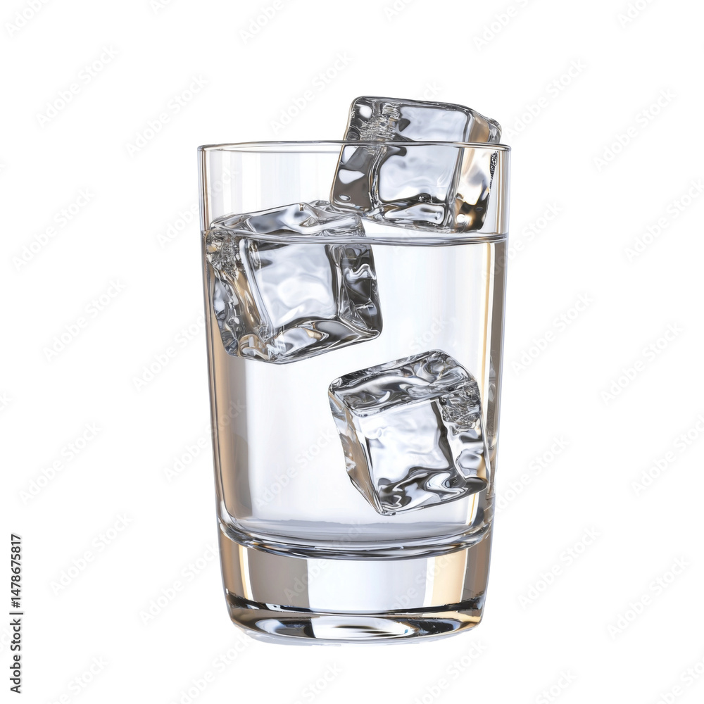 Poster clear glass filled with water and ice cubes, showcasing refreshing hydration. ice cubes float, creat