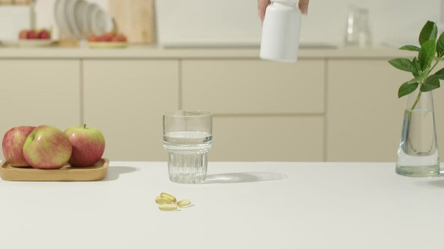 A hand from above picks up a medicine bottle and holds it out. The camera moves from left to right, showing the kitchen with a plate of fruit, houseplants, a glass of water, and other items.