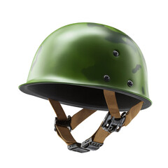 Fototapeta premium A military helmet with a green camouflage pattern. The helmet sits on a flat surface with its strap in focus.