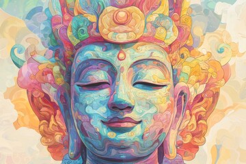 The colorful design of the Buddhist statue reflects deep spiritual significance. 