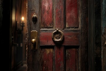 Fototapeta premium A weathered, antique door with brass hardware stands ajar, revealing a dimly lit hallway beyond.