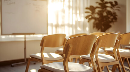 Seating arrangement for group learning classroom photography indoor soft focus educational environment
