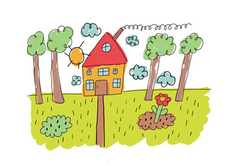 Children drawing, cute kids painting. Cute playful sketching with pencil. Hand drawn doodle style. Flat vector illustration isolated on white background