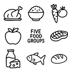 A set of doodle line icons representing the five main food groups including fruits, vegetables, grains, proteins, and dairy