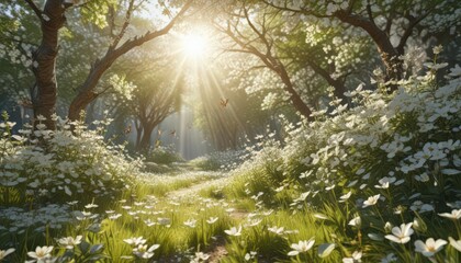 Fototapeta premium Bright sunlight illuminates a clearing, numerous white blossoms, butterflies fluttering , meadow, wildflowers, day