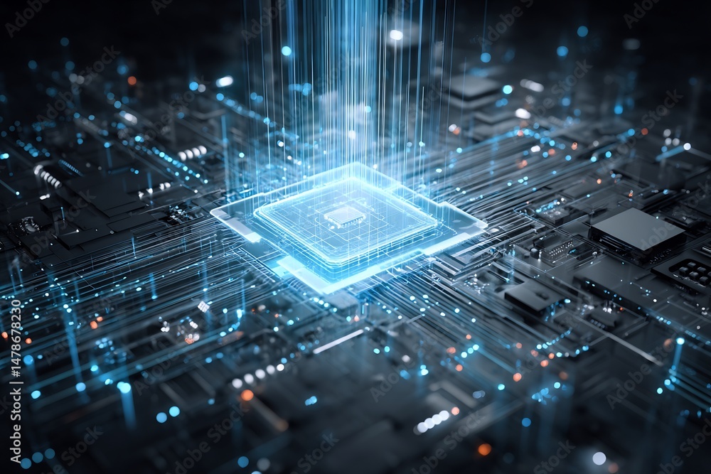 Poster futuristic technology: illuminated circuit board with data streams and cpu