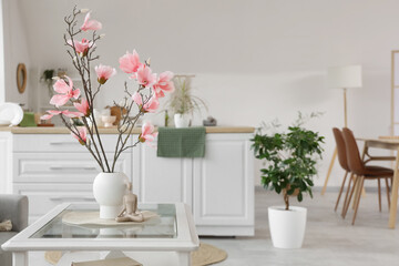 Interior of stylish studio apartment with living room and kitchen
