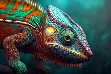 Obraz premium Intimate perspective of a green chameleon revealing its facial characteristics.