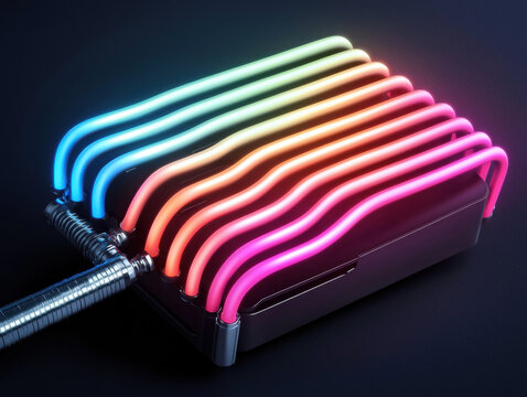 metallic device with glowing, multicolored neon tubes arranged in parallel lines on a dark background.