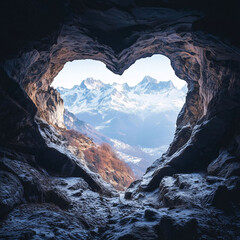Scenic heart-shaped mountain range viewed from inside a dark cave. Dreamy and romantic natural landscape captured in artistic composition