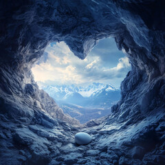 A heart-shaped cave in the mountains, with snow-covered peaks outside and an awe-inspiring view of distant mountain tops through its opening. 