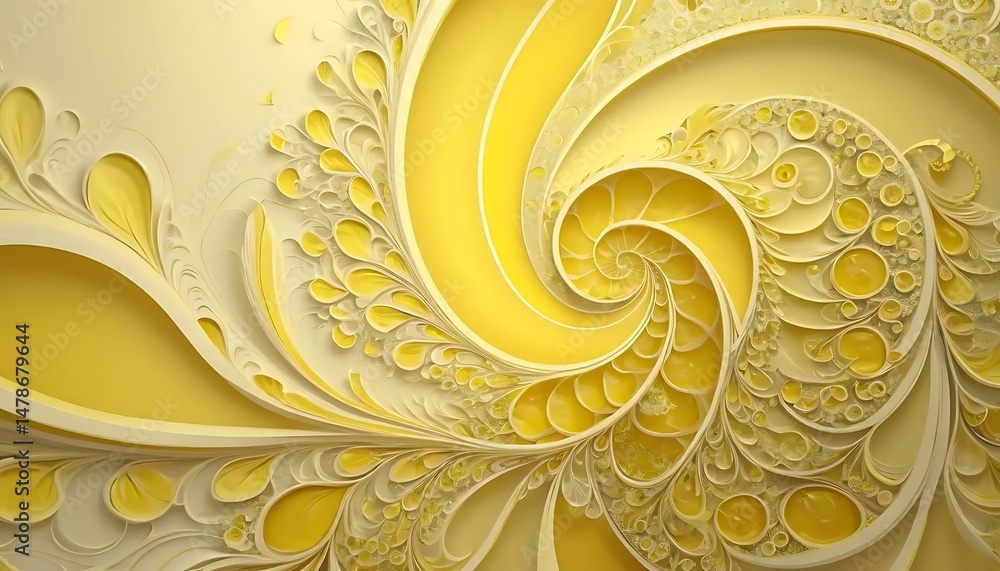 Poster elegant swirling abstract design features a luminous yellow and cream color palette with depth