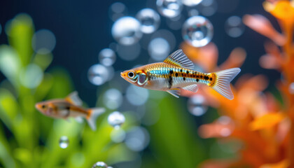 Highdetail closeup of shimmering guppies swimming gracefully among vibrant aquatic plants and bubbles, creating serene underwater scene