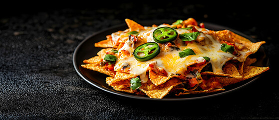 Cheesy Nachos With Jalapenos On Dark Plate