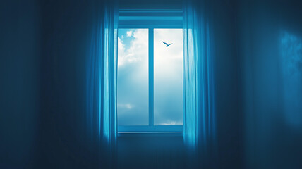 A Soft Blue Glow from the Rising Sun Shines Through a Window Framed by Dark Curtains