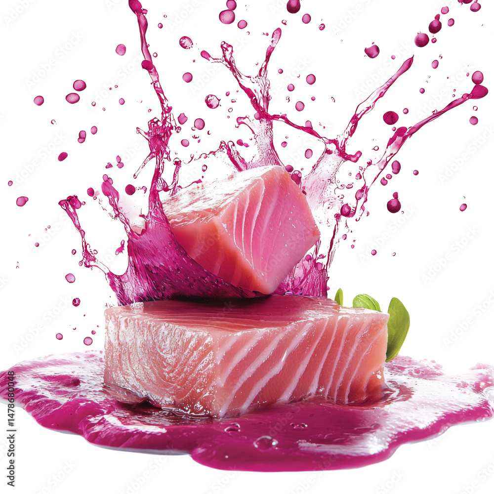 Poster fresh salmon fillets splashing in vibrant purple liquid, creating dynamic and colorful scene. contra