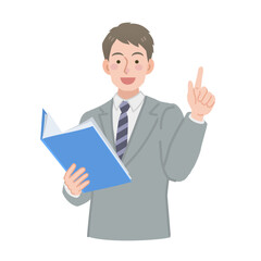 ファイルを持って指差しをするビジネスマン