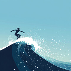 A surfer catching a perfect wave under a clear blue sky with sparkles on the water