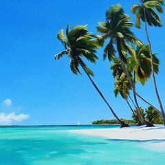 Palm trees swaying in the breeze on a remote island with crystal clear turquoise water