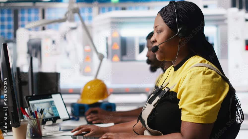 Poster african american engineer offers service from solar panel call center, managing help line requests f