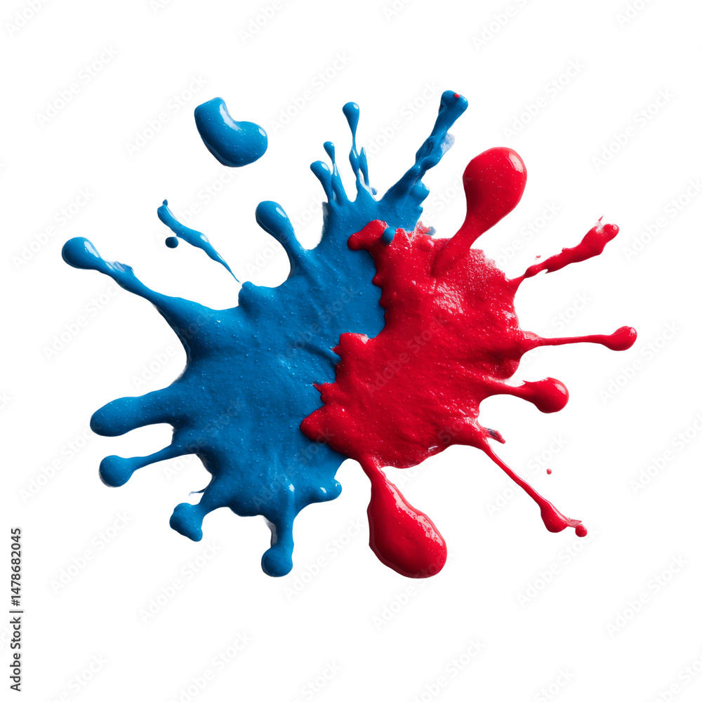 Poster splattered blue and red paint. the contrasting colors create a visually striking and dynamic image