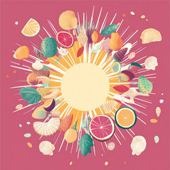 A circle surrounded by sunrays, seashells, and fruit slices