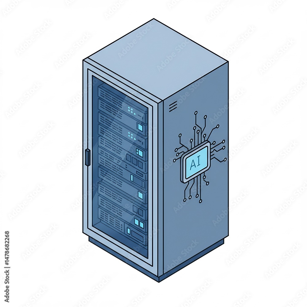 Poster a detailed isometric illustration of a server cabinet equipped with an ai processor, symbolizing con