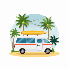 Beach Camper Van with Surfboard and String Lights Between Palm Trees – Summer Travel Vibes

