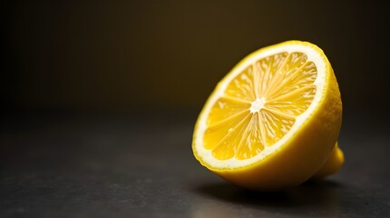 A juicy yellow lemon half in closeup against a dark background