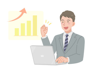 上昇するグラフとガッツポーズをするビジネスマン