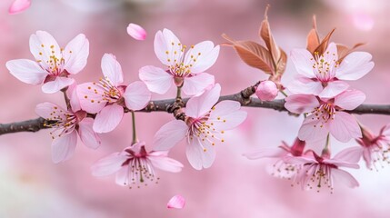Naklejka premium Delicate cherry blossoms in full bloom, soft pink hues.