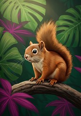 Perched in Verdant Serenity: An Illustrated Squirrel on a Branch Surrounded by Dreamy Greenery.
