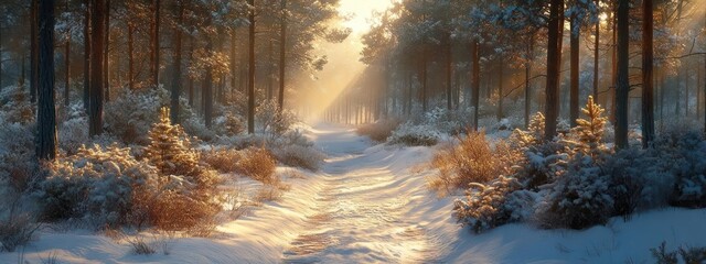 Sunlit path through a snowy winter forest.