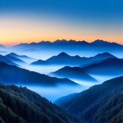 Fototapeta premium Serene Mountain Sunrise with Layers of Mist in the Background