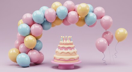 Pastel Birthday Cake with Balloon Arch: A Delightful Celebration