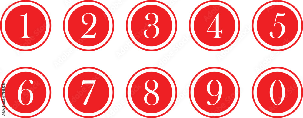 Poster simple numbers icon with red circle. from 0 to 9. vector illustration.