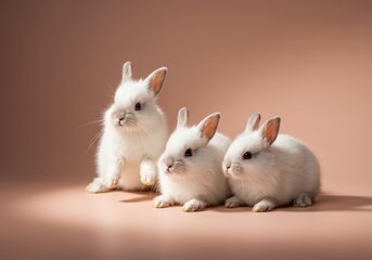 Obraz premium ふわふわ白ウサギ三匹 可愛く並ぶ 優しい背景