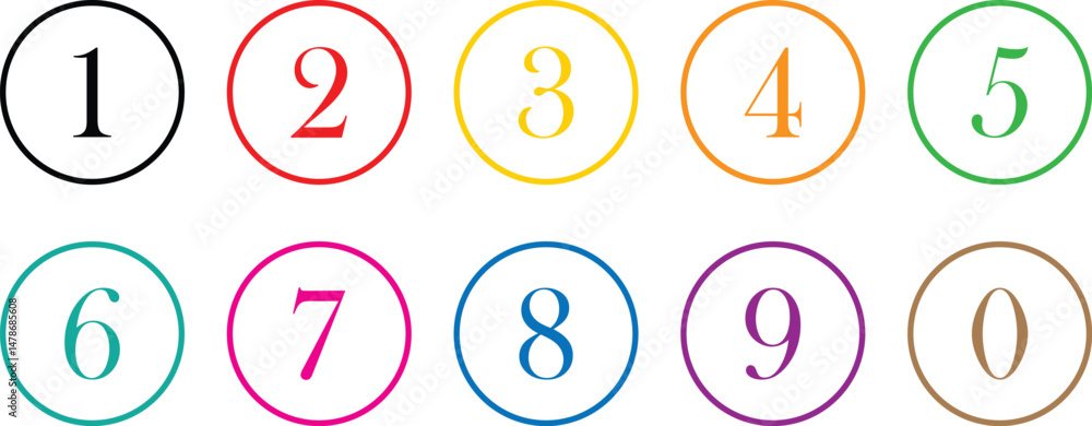 Poster simple coloring numbers icon with coloring outline circle. from 0 to 9. vector illustration.