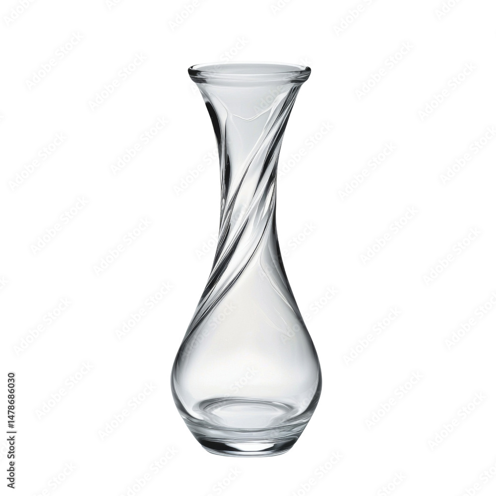 Poster Elegant glass vase with twisted design, perfect for floral arrangements or as decorative piece. Its clear material enhances any setting with touch of sophistication
