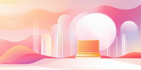 Modern workspace with laptop surrounded by pastel clouds and sunset, blending digital technology and creativity in abstract scene.