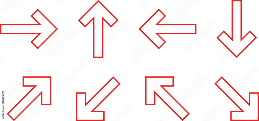 Poster set of red different direction outline arrow vector illustration.