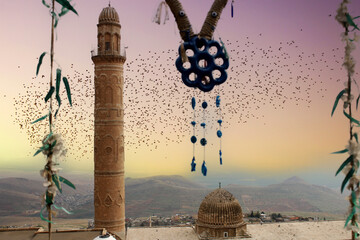 Mardin, Turkey at Sunset with Birds, Mosque and Minaret